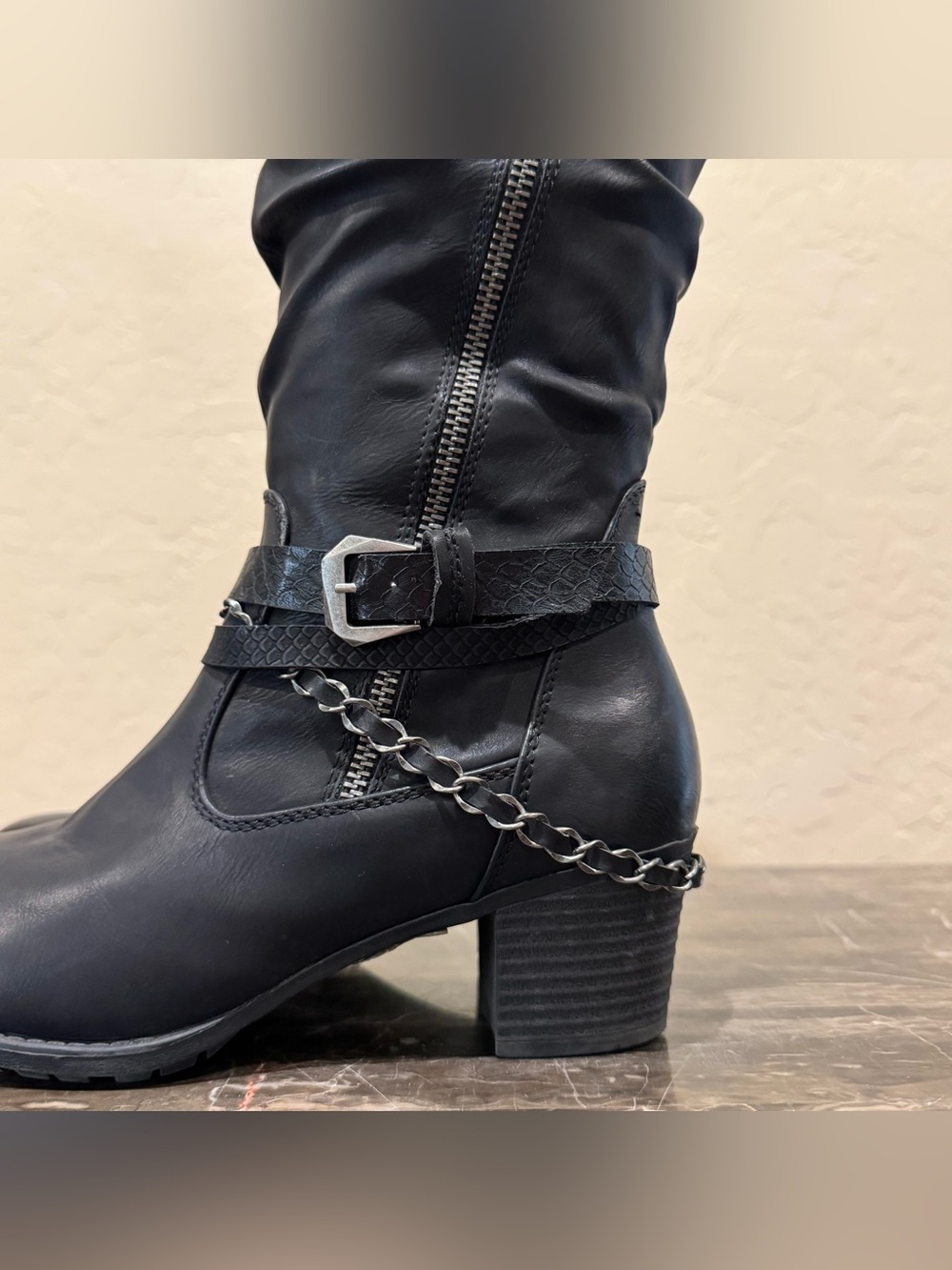 Spring Step Faux Leather Chain Belted Moto Riding Boots - Picture 4 of 12